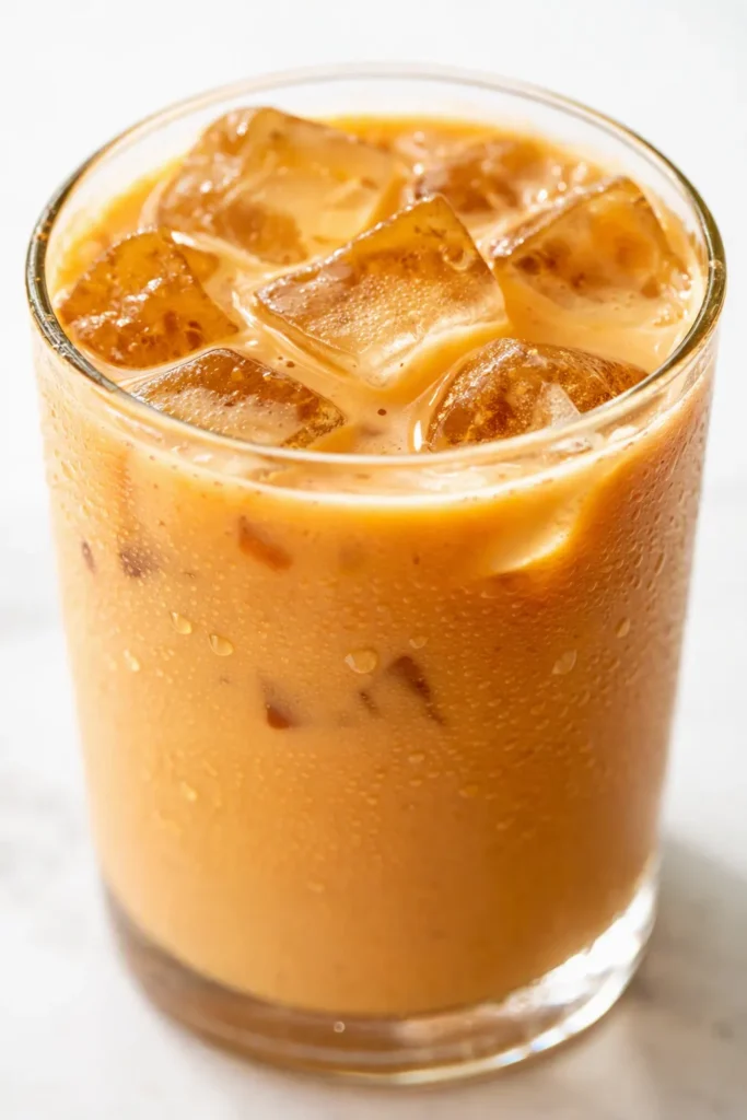 Tall glass of iced pumpkin spice latte with whipped cream, pumpkin drizzle, and cinnamon dusting, showing creamy orange layers.