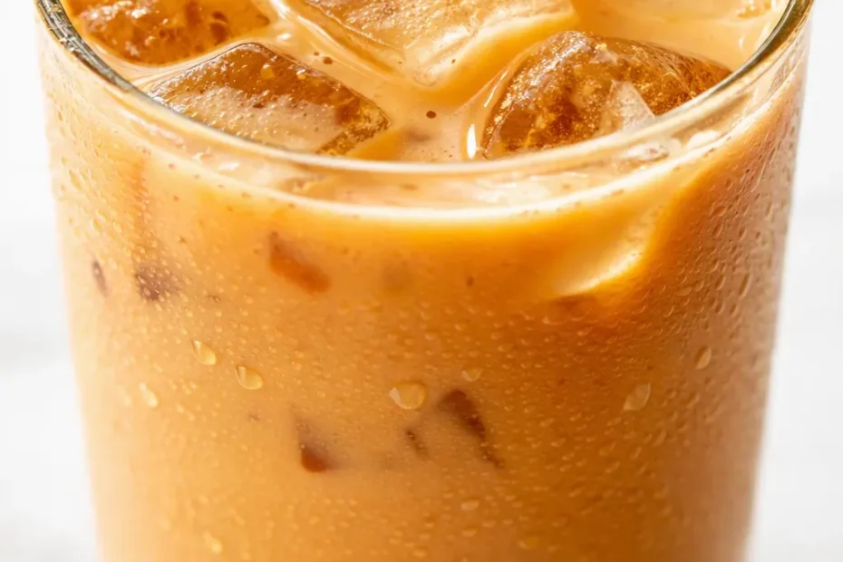 Tall glass of iced pumpkin spice latte with whipped cream, pumpkin drizzle, and cinnamon dusting, showing creamy orange layers.