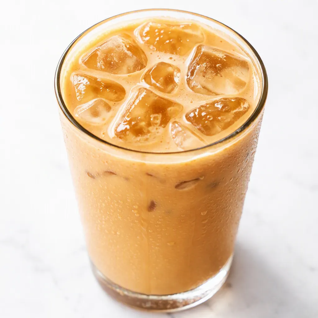 Iced pumpkin spice latte being assembled with espresso poured over milk and ice, creamy orange swirls and a dusting of spice.