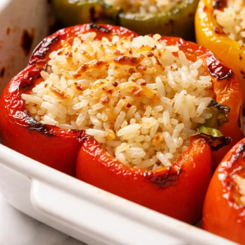 Italian stuffed bell peppers with golden melted cheese, rich tomato sauce, and tender rice filling, served hot