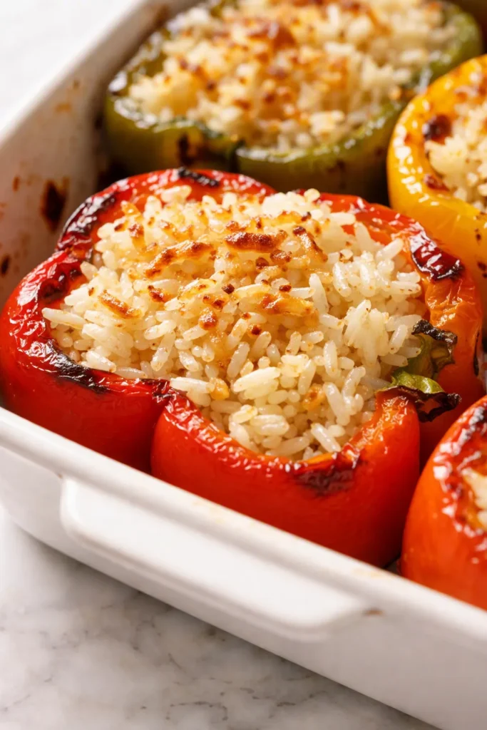 Italian stuffed bell peppers with golden melted cheese, rich tomato sauce, and tender rice filling, served hot