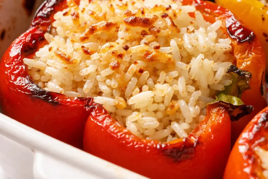 Italian stuffed bell peppers with golden melted cheese, rich tomato sauce, and tender rice filling, served hot