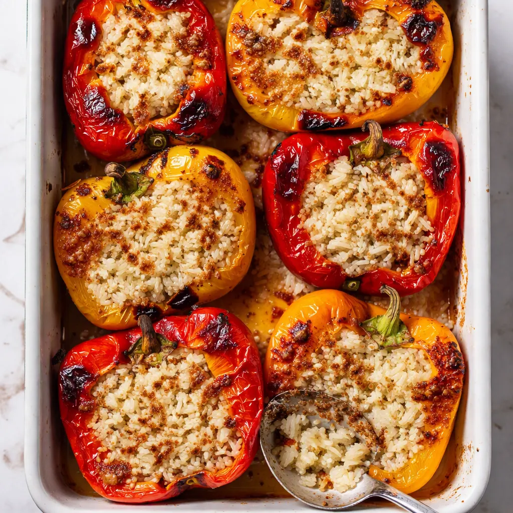 Italian stuffed bell peppers being filled with seasoned meat and rice, red and green peppers, rich tomato sauce, and melted cheese.