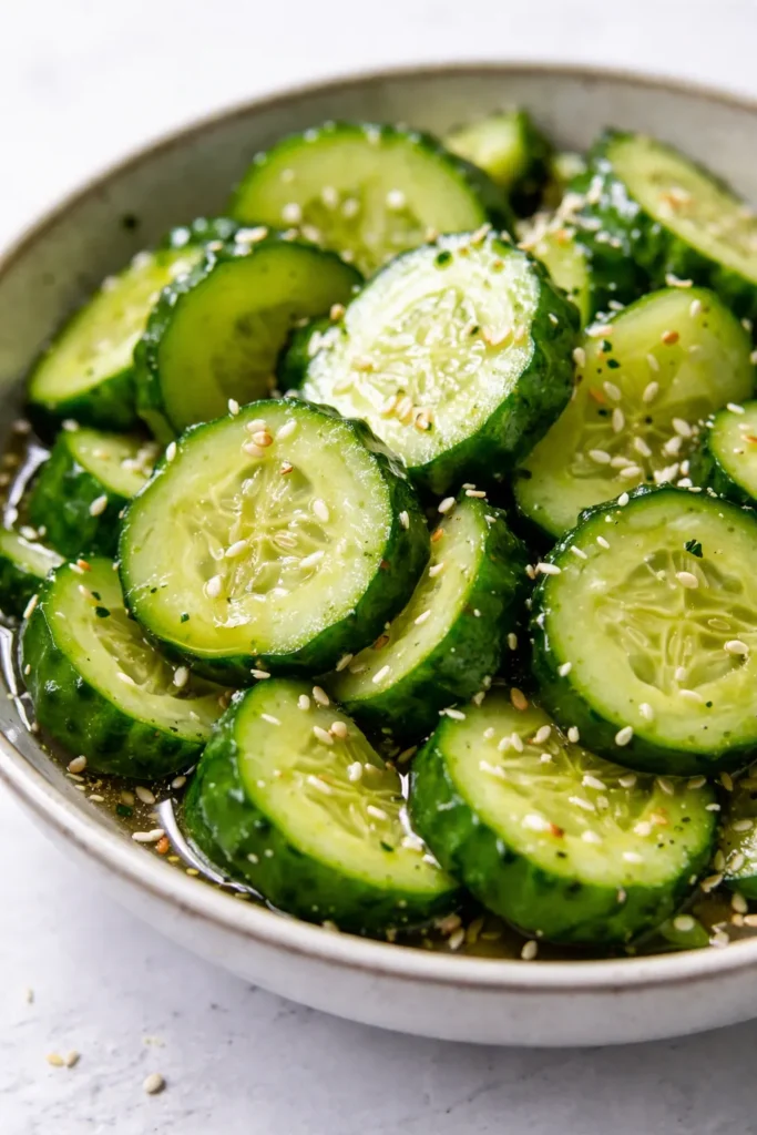 Vibrant Japanese cucumber salad with thin slices in a tangy dressing, garnished with sesame seeds, showcasing a crisp, non-watery texture.