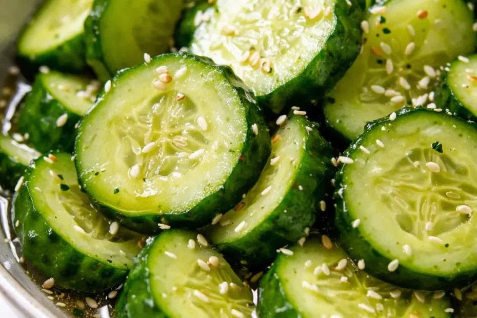 Vibrant Japanese cucumber salad with thin slices in a tangy dressing, garnished with sesame seeds, showcasing a crisp, non-watery texture.