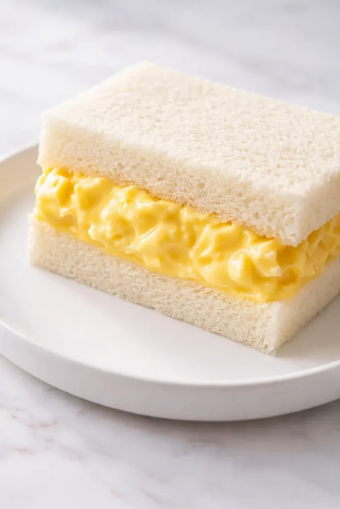 Japanese egg sandwich with soft creamy egg salad filling on milk bread, golden crust, fluffy texture