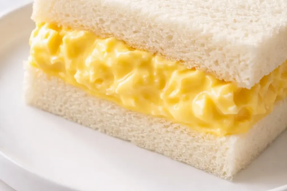 Japanese egg sandwich with soft creamy egg salad filling on milk bread, golden crust, fluffy texture