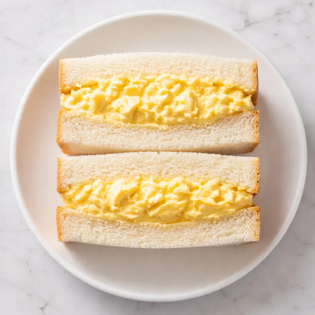 Japanese egg sandwich cut open, revealing creamy custard-like egg filling between soft white bread.