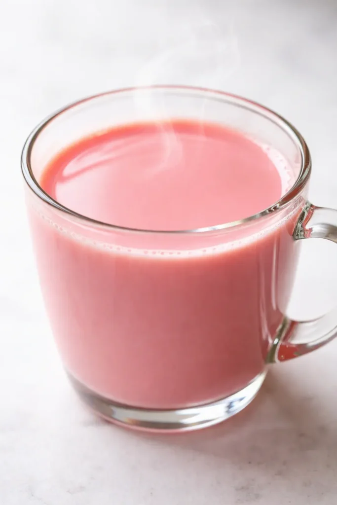 Vibrant pink Kashmiri noon chai in a clear glass topped with crushed pistachios and a creamy frothy layer