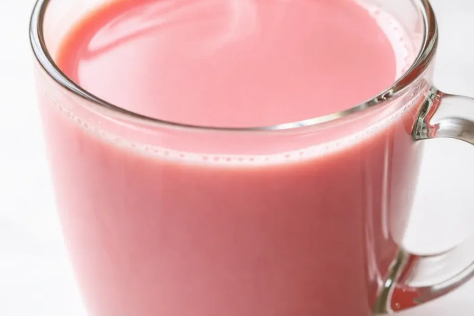 Vibrant pink Kashmiri noon chai in a clear glass topped with crushed pistachios and a creamy frothy layer