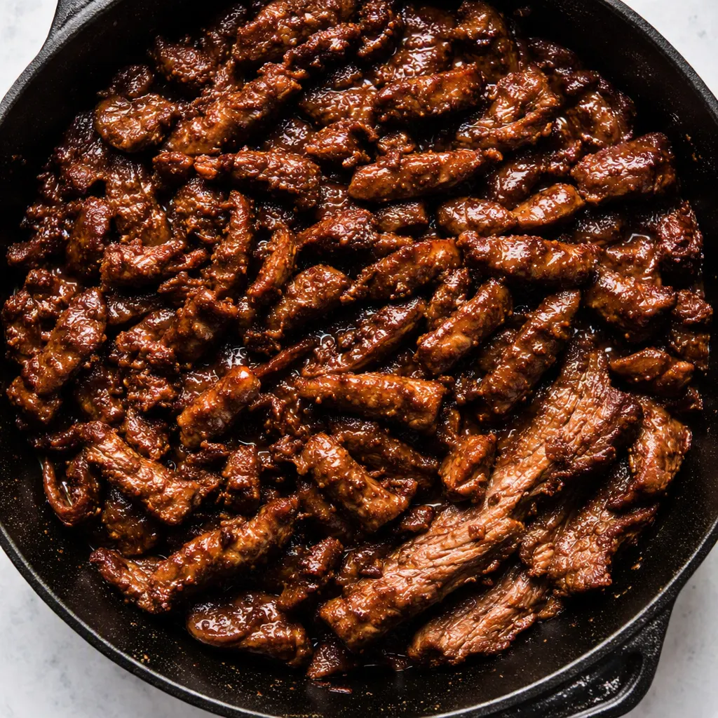 Sizzling beef bulgogi strips caramelizing in a hot skillet with a rich soy-ginger sauce, glossy and tender.