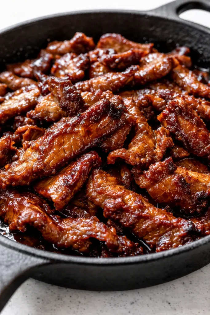 Glossy Korean beef bulgogi strips sizzling in a pan with sesame seeds and green onions, tender and caramelized.