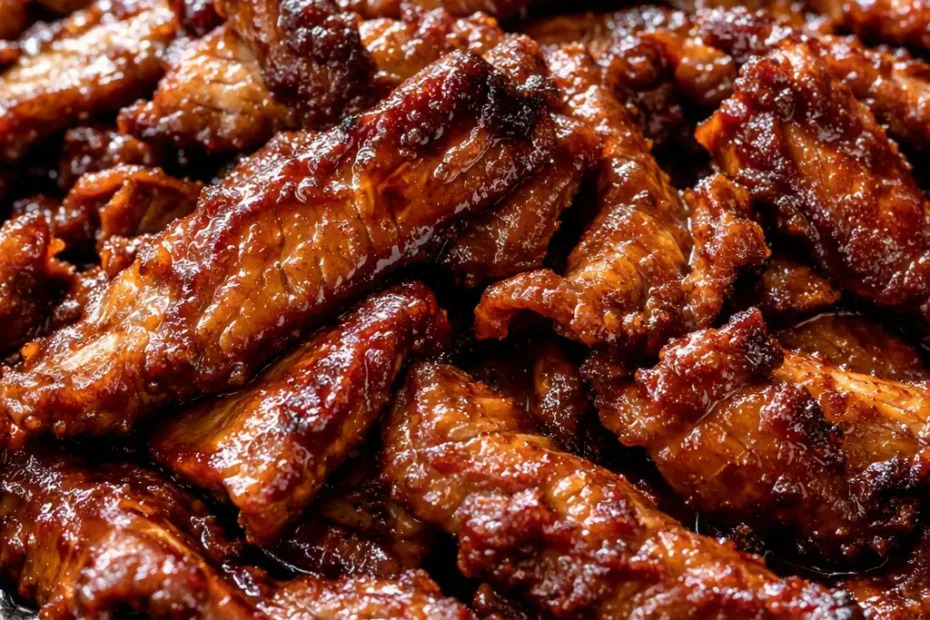 Glossy Korean beef bulgogi strips sizzling in a pan with sesame seeds and green onions, tender and caramelized.