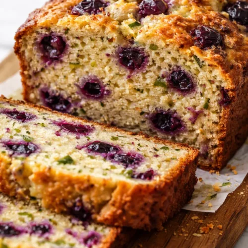 A moist slice of lemon blueberry zucchini bread, dotted with juicy blueberries and green zucchini flecks, drizzled with lemon glaze.