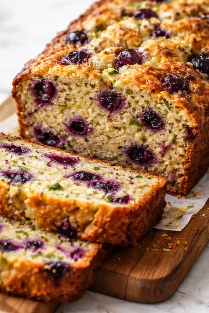 A moist slice of lemon blueberry zucchini bread, dotted with juicy blueberries and green zucchini flecks, drizzled with lemon glaze.
