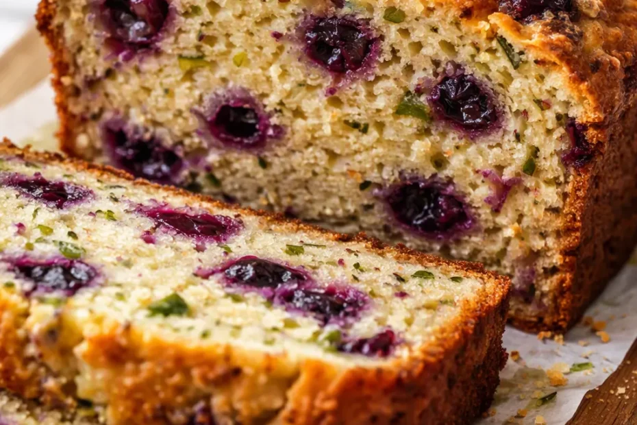 A moist slice of lemon blueberry zucchini bread, dotted with juicy blueberries and green zucchini flecks, drizzled with lemon glaze.