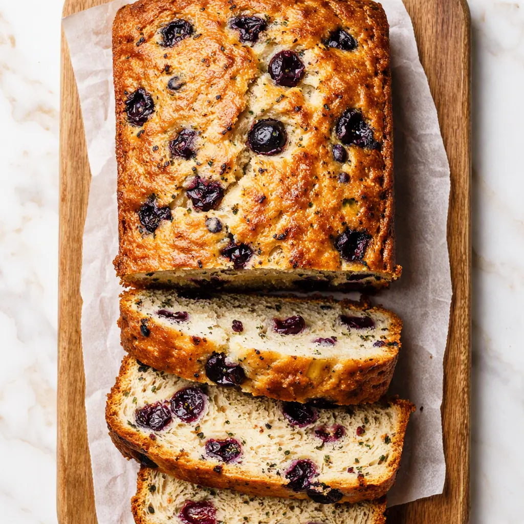 Hand folding grated zucchini into lemon blueberry zucchini bread batter, with juicy blueberries and lemon zest on the counter.