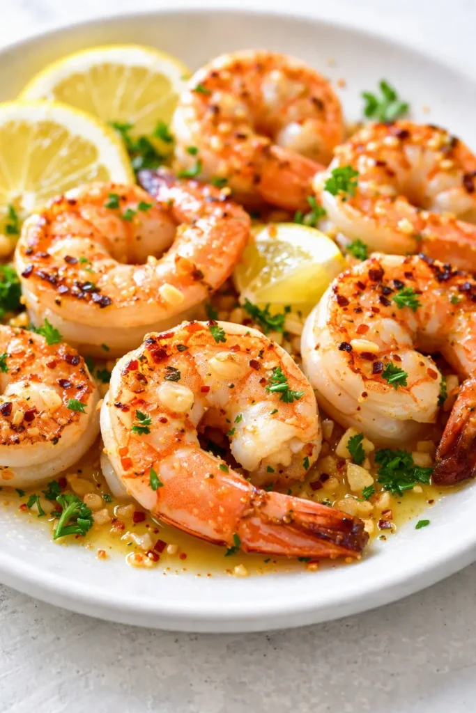 Tender lemon garlic shrimp with golden-brown edges, tossed in a buttery garlic sauce with lemon wedges and fresh herbs