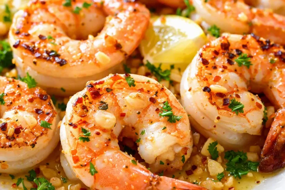 Tender lemon garlic shrimp with golden-brown edges, tossed in a buttery garlic sauce with lemon wedges and fresh herbs