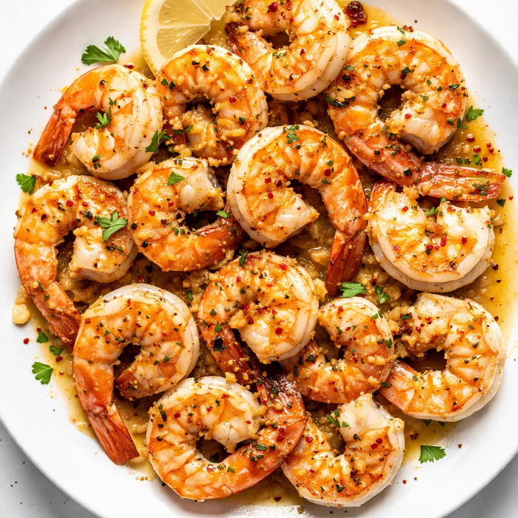 Juicy lemon garlic shrimp sizzling in a buttery pan with fresh parsley and golden garlic.