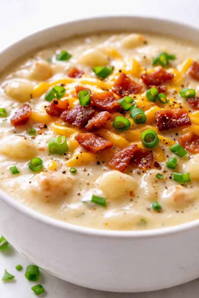 Creamy loaded baked potato soup topped with melted cheddar, crispy bacon bits, and fresh chives in a rustic bowl.