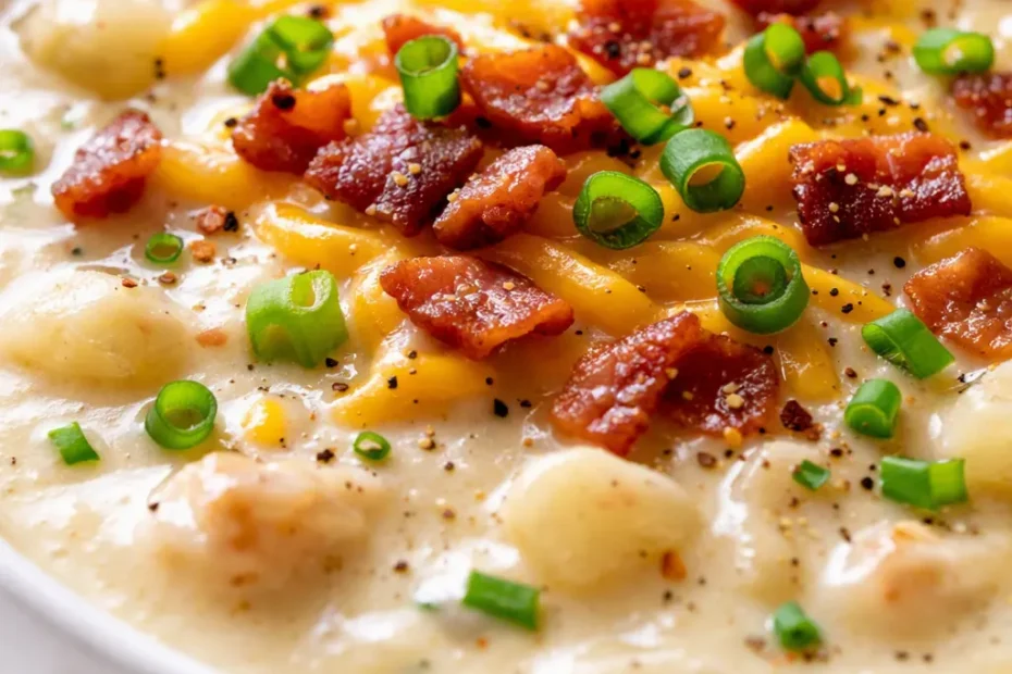 Creamy loaded baked potato soup topped with melted cheddar, crispy bacon bits, and fresh chives in a rustic bowl.