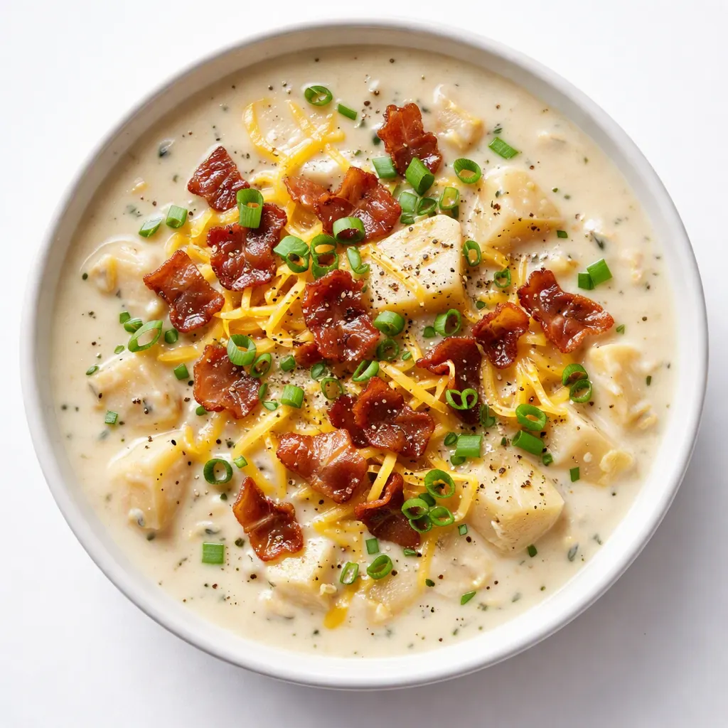 Loaded baked potato soup being stirred, creamy texture with melted cheddar and crispy bacon bits.