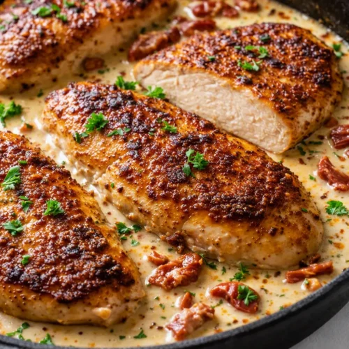 Creamy marry me chicken with golden seared breasts in a rich, tangy sun-dried tomato sauce, garnished with fresh basil.