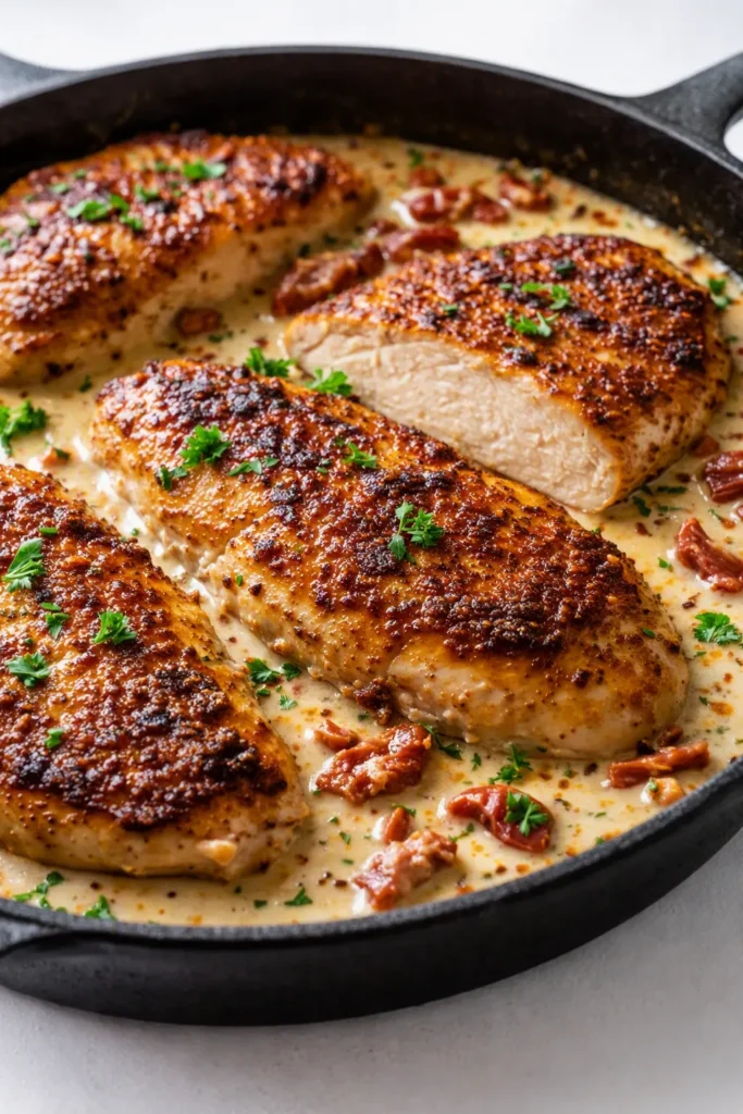 Creamy marry me chicken with golden seared breasts in a rich, tangy sun-dried tomato sauce, garnished with fresh basil.