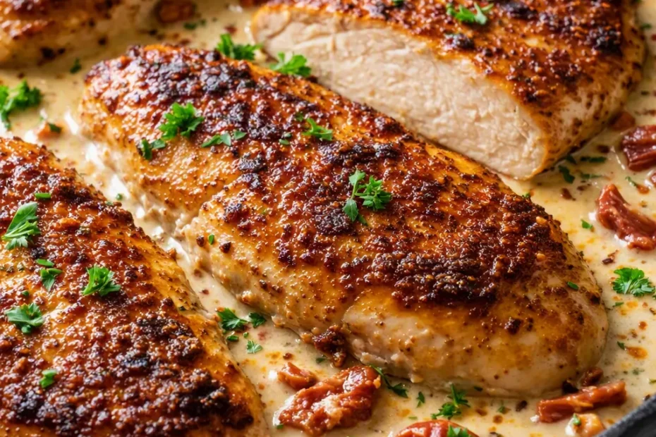Creamy marry me chicken with golden seared breasts in a rich, tangy sun-dried tomato sauce, garnished with fresh basil.