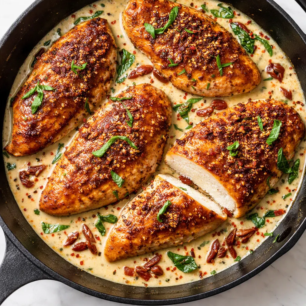 Marry Me Chicken cooking in a creamy, tangy sun-dried tomato sauce with seared golden chicken.