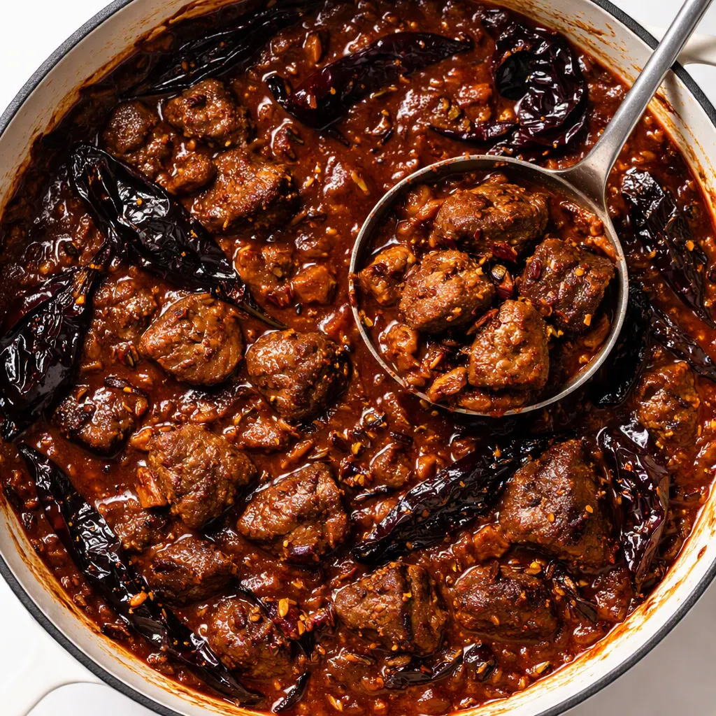 A large pot of Mexican chili con carne simmering with beef, beans, and red sauce, steam rising, colorful peppers visible.