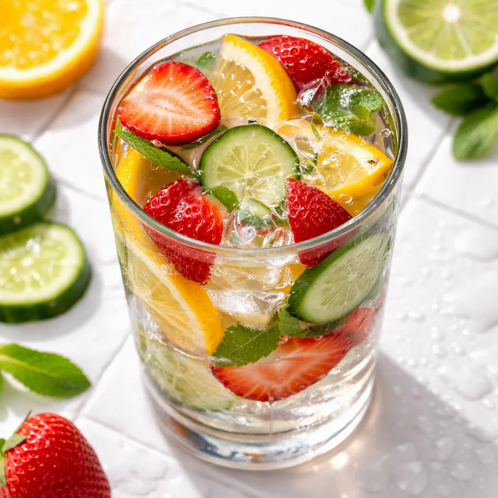 Clear pitcher of naturally flavored water with floating citrus slices, cucumber and fresh mint, vibrant and chilled