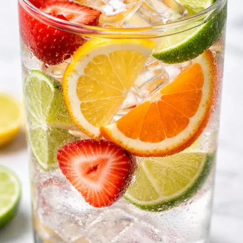 Glass pitcher of cold-infused naturally flavored water with fresh strawberry, lemon, and mint, vibrant and refreshing.