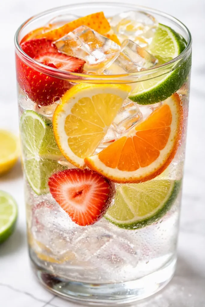 Glass pitcher of cold-infused naturally flavored water with fresh strawberry, lemon, and mint, vibrant and refreshing.