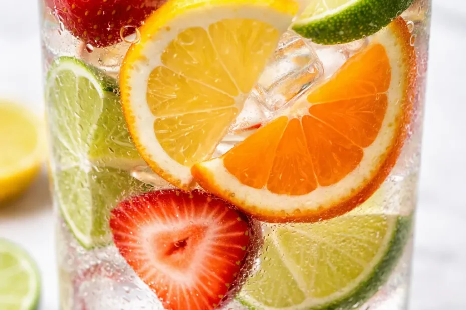 Glass pitcher of cold-infused naturally flavored water with fresh strawberry, lemon, and mint, vibrant and refreshing.
