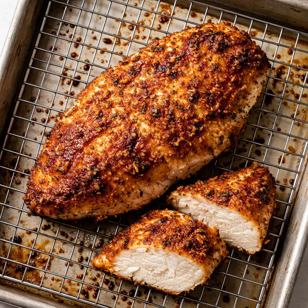 Parmesan crusted chicken breasts browning in a skillet with a golden, crispy coating and flecks of herbs.