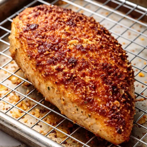 Golden parmesan crusted chicken with crispy, crunchy coating and juicy meat, garnished with fresh parsley and lemon wedges.