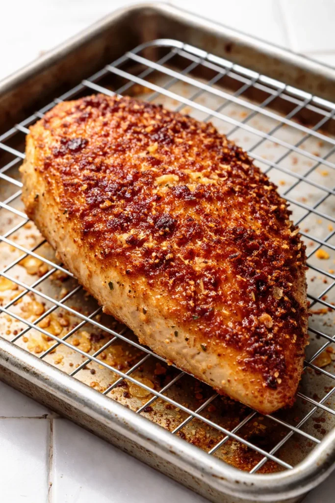 Golden parmesan crusted chicken with crispy, crunchy coating and juicy meat, garnished with fresh parsley and lemon wedges.