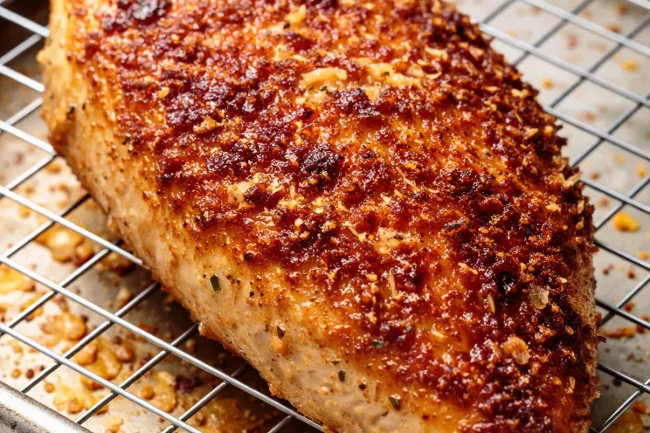 Golden parmesan crusted chicken with crispy, crunchy coating and juicy meat, garnished with fresh parsley and lemon wedges.