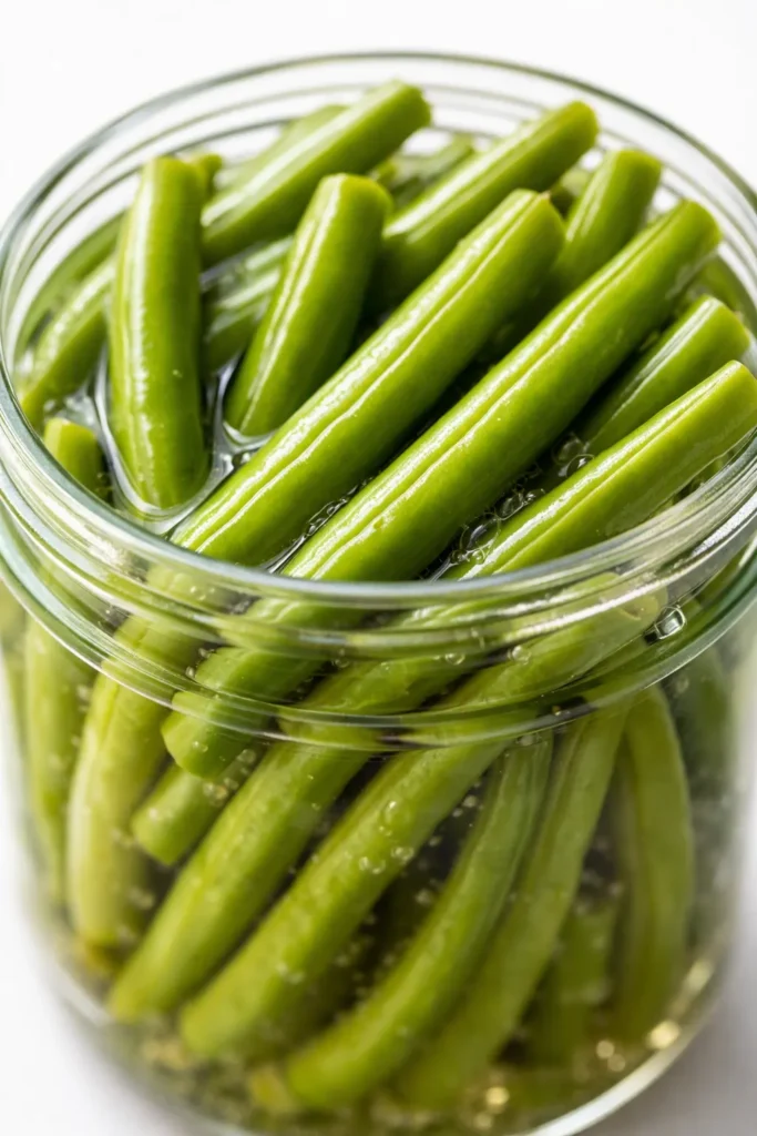 Glass jar of crisp, tangy pickled green beans with garlic and dill, showing their vibrant green color and crunchy texture.