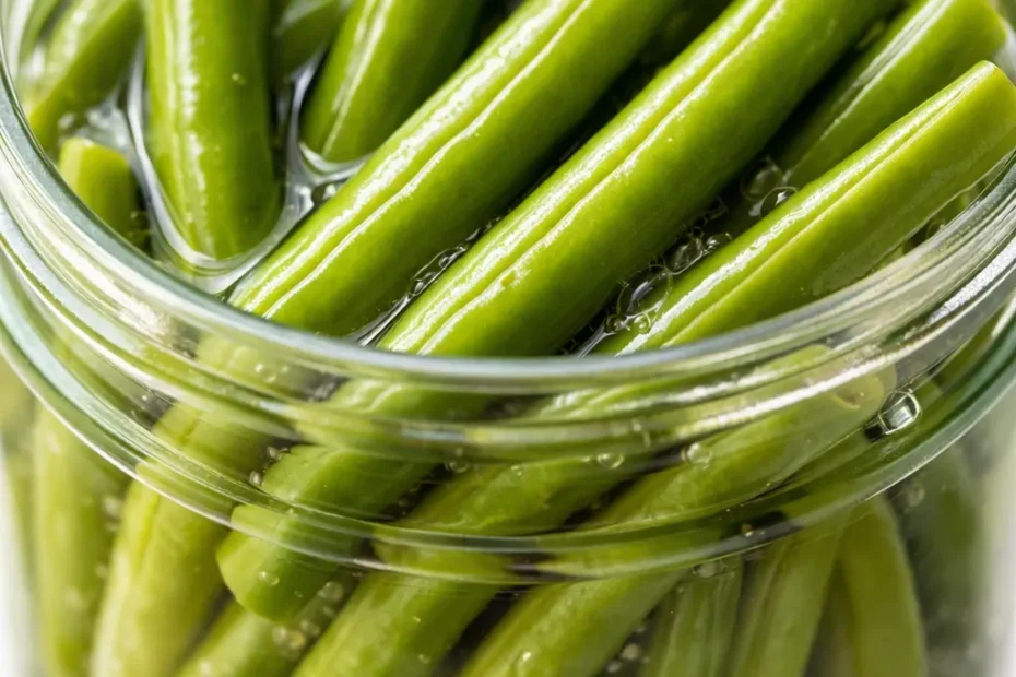 Glass jar of crisp, tangy pickled green beans with garlic and dill, showing their vibrant green color and crunchy texture.
