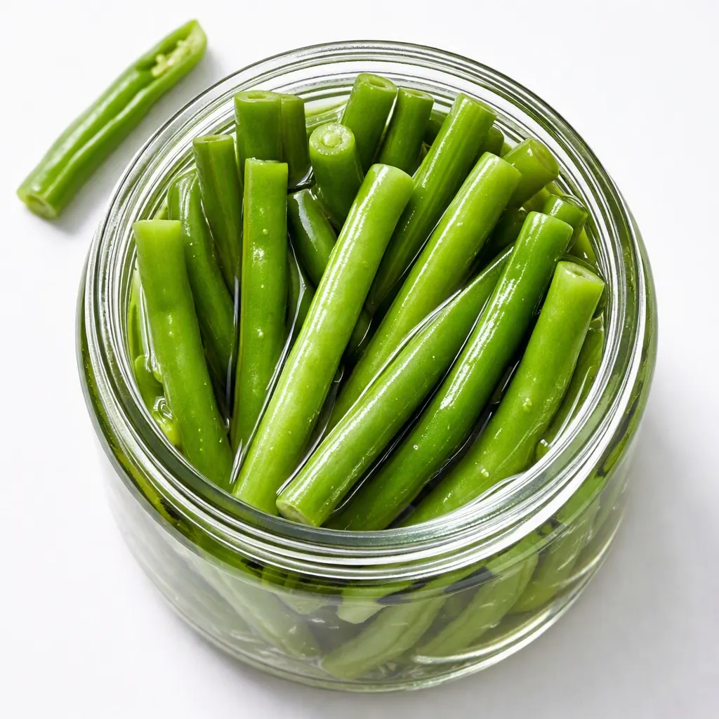 Pickled green beans submerged in a brine solution with spices, ensuring they remain crunchy, not mushy