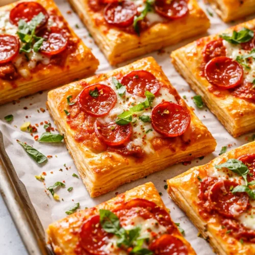Golden puff pastry pizza bites with bubbling mozzarella and pepperoni, flaky layers on a parchment-lined tray.