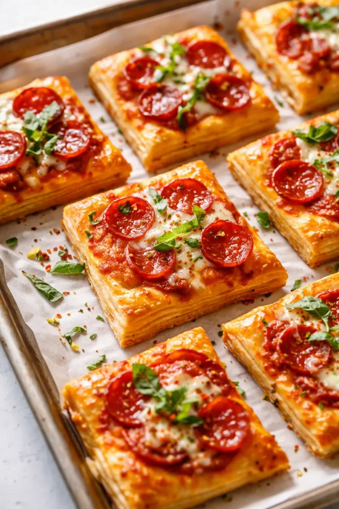 Golden puff pastry pizza bites with bubbling mozzarella and pepperoni, flaky layers on a parchment-lined tray.