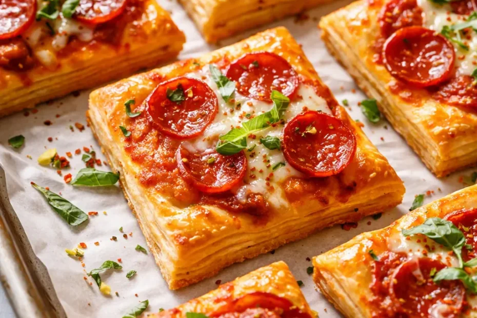 Golden puff pastry pizza bites with bubbling mozzarella and pepperoni, flaky layers on a parchment-lined tray.