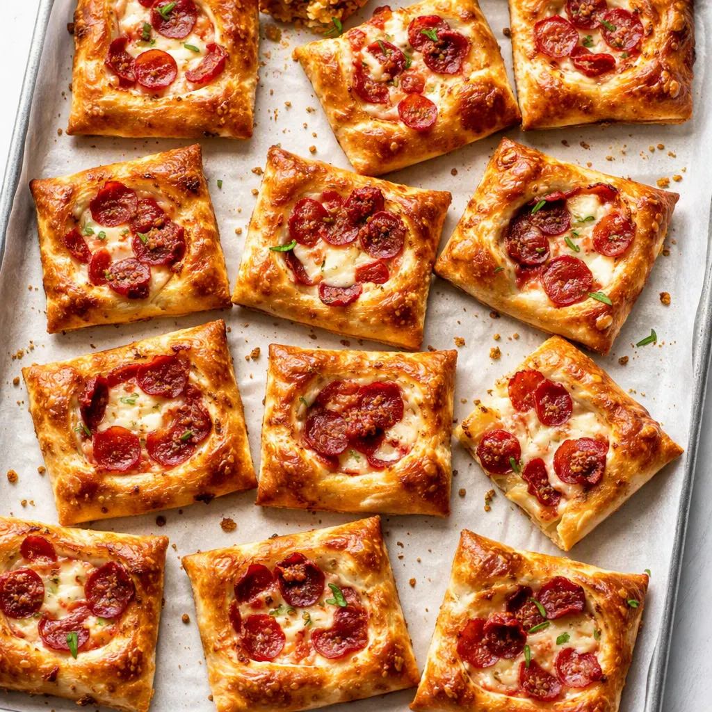 Making puff pastry pizza bites, spreading sauce on flaky golden squares and topping with cheese.