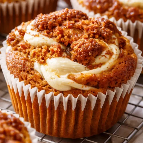 Pumpkin cream cheese swirl muffins with a golden-brown top, creamy swirls, and moist pumpkin texture.