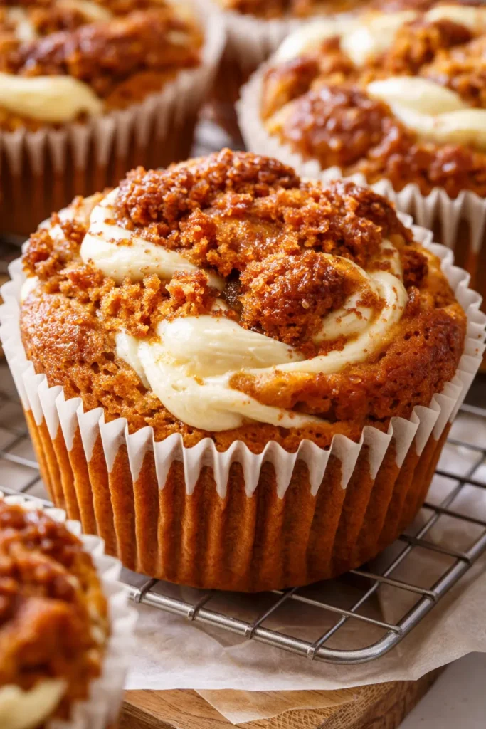 Pumpkin cream cheese swirl muffins with a golden-brown top, creamy swirls, and moist pumpkin texture.