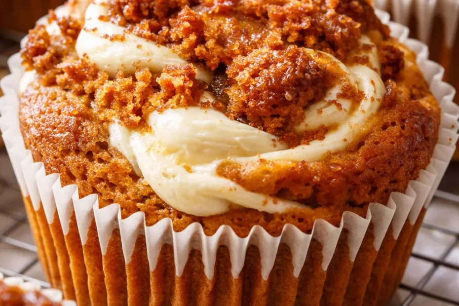 Pumpkin cream cheese swirl muffins with a golden-brown top, creamy swirls, and moist pumpkin texture.